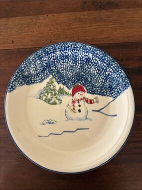 Set of 3 Thomson Pottery Winter Snowman Dinner Plates Spongeware Christmas